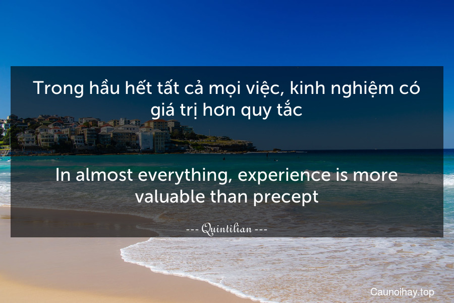 Trong hầu hết tất cả mọi việc, kinh nghiệm có giá trị hơn quy tắc.
-
In almost everything, experience is more valuable than precept.