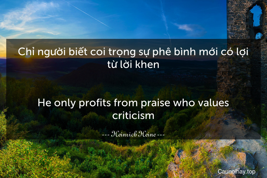 Chỉ người biết coi trọng sự phê bình mới có lợi từ lời khen.
-
He only profits from praise who values criticism.