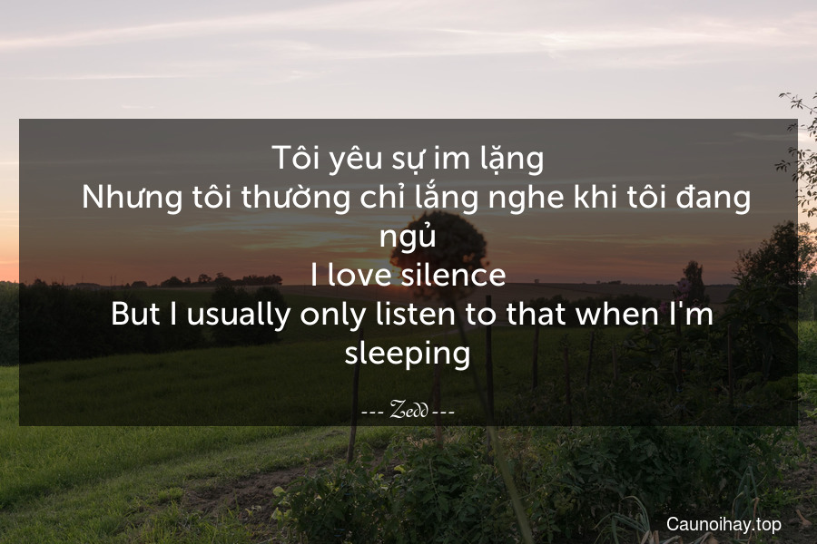 Tôi yêu sự im lặng.  Nhưng tôi thường chỉ lắng nghe khi tôi đang ngủ.I love silence. But I usually only listen to that when I'm sleeping.