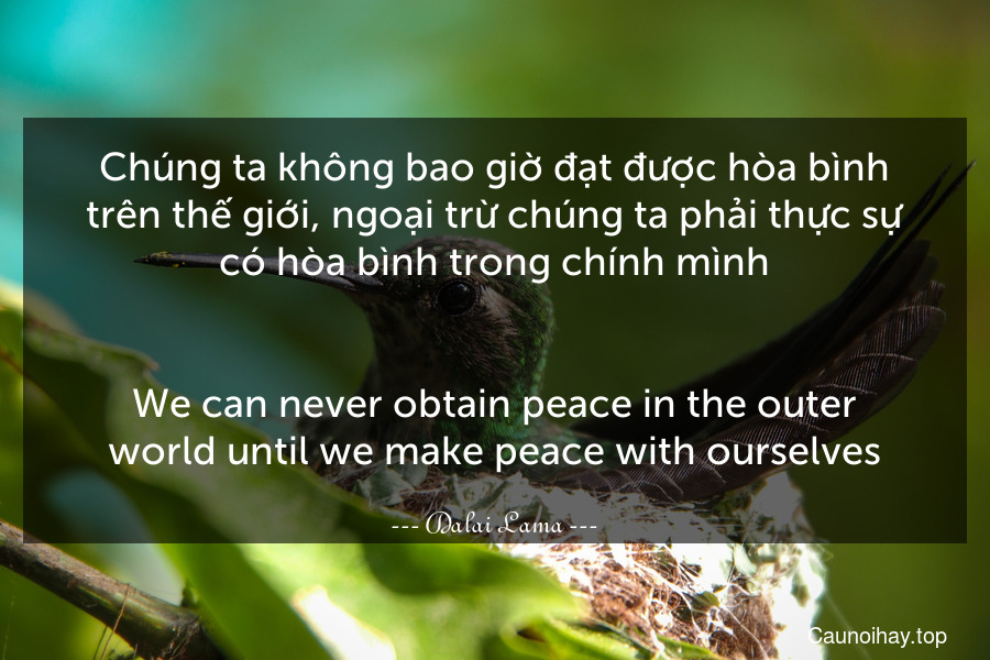 Chúng ta không bao giờ đạt được hòa bình trên thế giới, ngoại trừ chúng ta phải thực sự có hòa bình trong chính mình.
-
We can never obtain peace in the outer world until we make peace with ourselves.