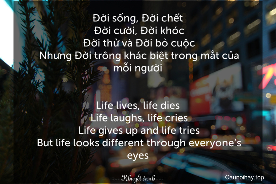 Đời sống, Đời chết. Đời cười, Đời khóc. Đời thử và Đời bỏ cuộc. Nhưng Đời trông khác biệt trong mắt của mỗi người.
-
Life lives, life dies. Life laughs, life cries. Life gives up and life tries. But life looks different through everyone’s eyes.