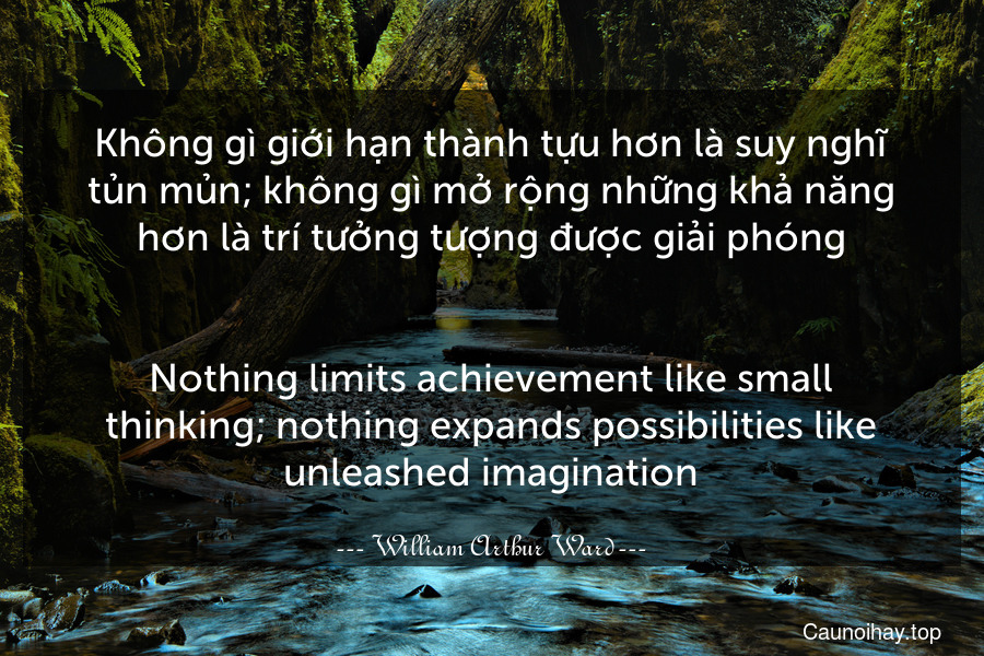 Không gì giới hạn thành tựu hơn là suy nghĩ tủn mủn; không gì mở rộng những khả năng hơn là trí tưởng tượng được giải phóng.
-
Nothing limits achievement like small thinking; nothing expands possibilities like unleashed imagination.