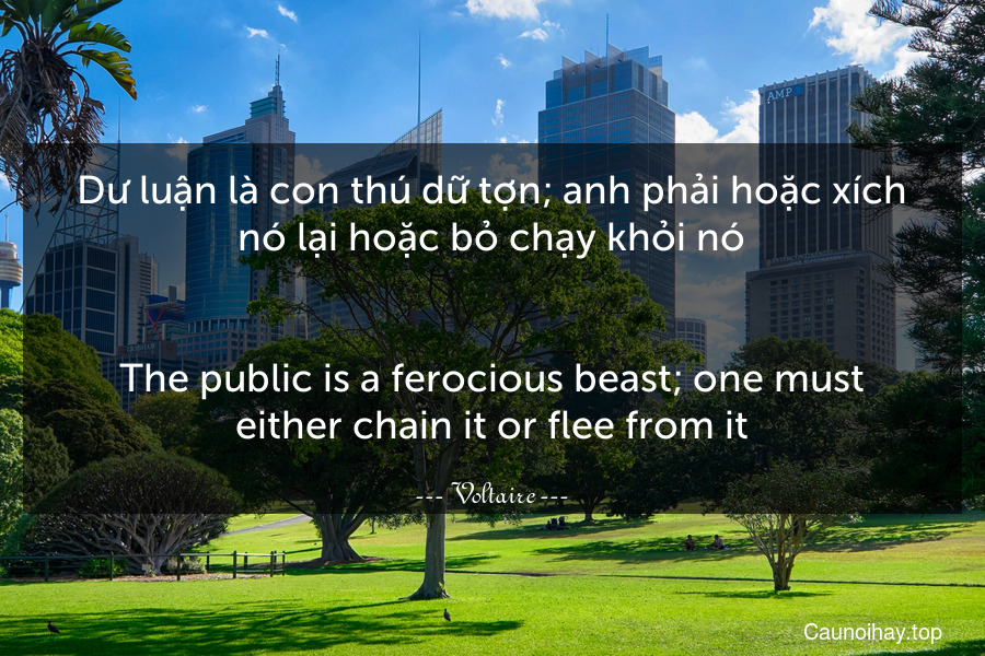 Dư luận là con thú dữ tợn; anh phải hoặc xích nó lại hoặc bỏ chạy khỏi nó.
-
The public is a ferocious beast; one must either chain it or flee from it.