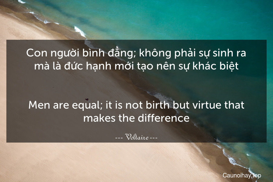 Con người bình đẳng; không phải sự sinh ra mà là đức hạnh mới tạo nên sự khác biệt.
-
Men are equal; it is not birth but virtue that makes the difference.