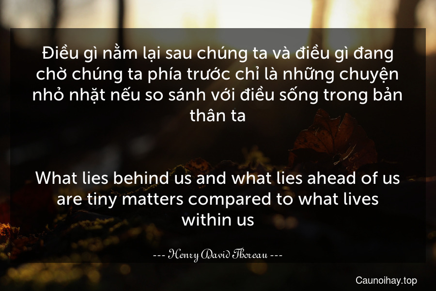 Điều gì nằm lại sau chúng ta và điều gì đang chờ chúng ta phía trước chỉ là những chuyện nhỏ nhặt nếu so sánh với điều sống trong bản thân ta.
-
What lies behind us and what lies ahead of us are tiny matters compared to what lives within us.