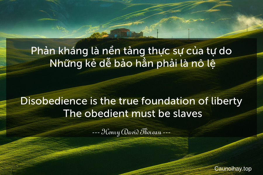 Phản kháng là nền tảng thực sự của tự do. Những kẻ dễ bảo hẳn phải là nô lệ.
-
Disobedience is the true foundation of liberty. The obedient must be slaves.