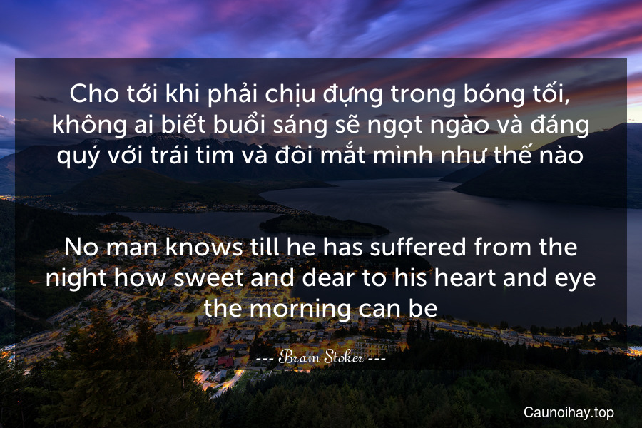 Cho tới khi phải chịu đựng trong bóng tối, không ai biết buổi sáng sẽ ngọt ngào và đáng quý với trái tim và đôi mắt mình như thế nào.
-
No man knows till he has suffered from the night how sweet and dear to his heart and eye the morning can be.