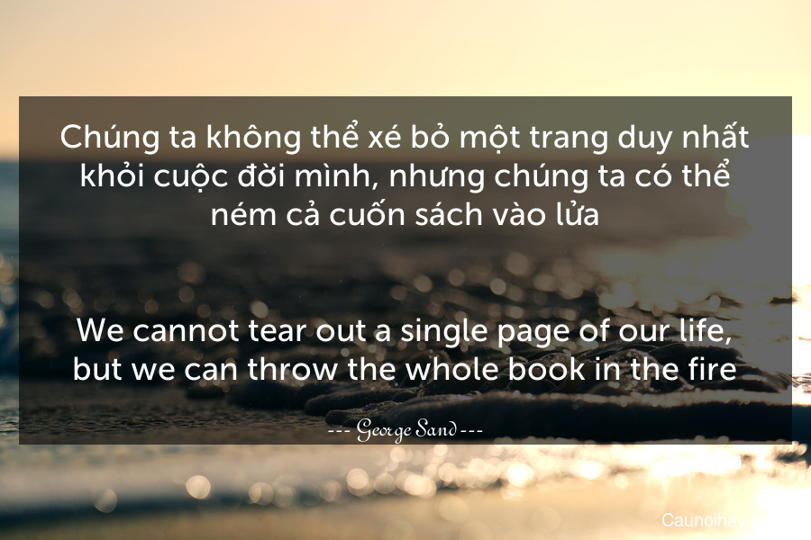 Chúng ta không thể xé bỏ một trang duy nhất khỏi cuộc đời mình, nhưng chúng ta có thể ném cả cuốn sách vào lửa.
-
We cannot tear out a single page of our life, but we can throw the whole book in the fire.