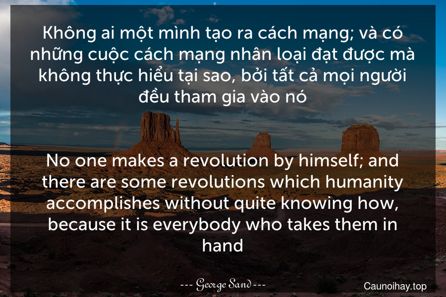 Không ai một mình tạo ra cách mạng; và có những cuộc cách mạng nhân loại đạt được mà không thực hiểu tại sao, bởi tất cả mọi người đều tham gia vào nó.
-
No one makes a revolution by himself; and there are some revolutions which humanity accomplishes without quite knowing how, because it is everybody who takes them in hand.