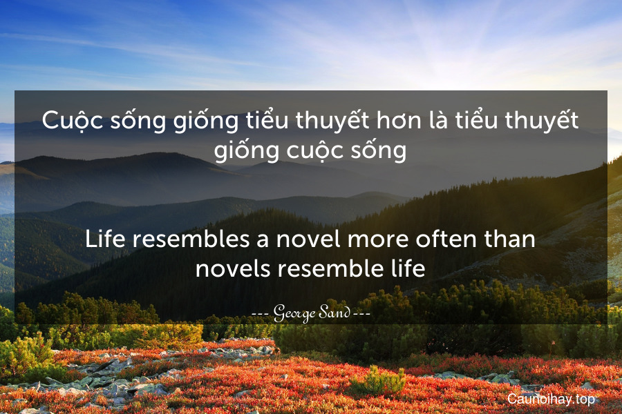 Cuộc sống giống tiểu thuyết hơn là tiểu thuyết giống cuộc sống.
-
Life resembles a novel more often than novels resemble life.