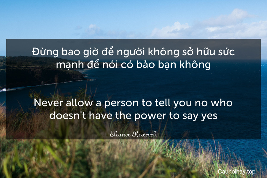 Đừng bao giờ để người không sở hữu sức mạnh để nói có bảo bạn không.
-
Never allow a person to tell you no who doesn't have the power to say yes.