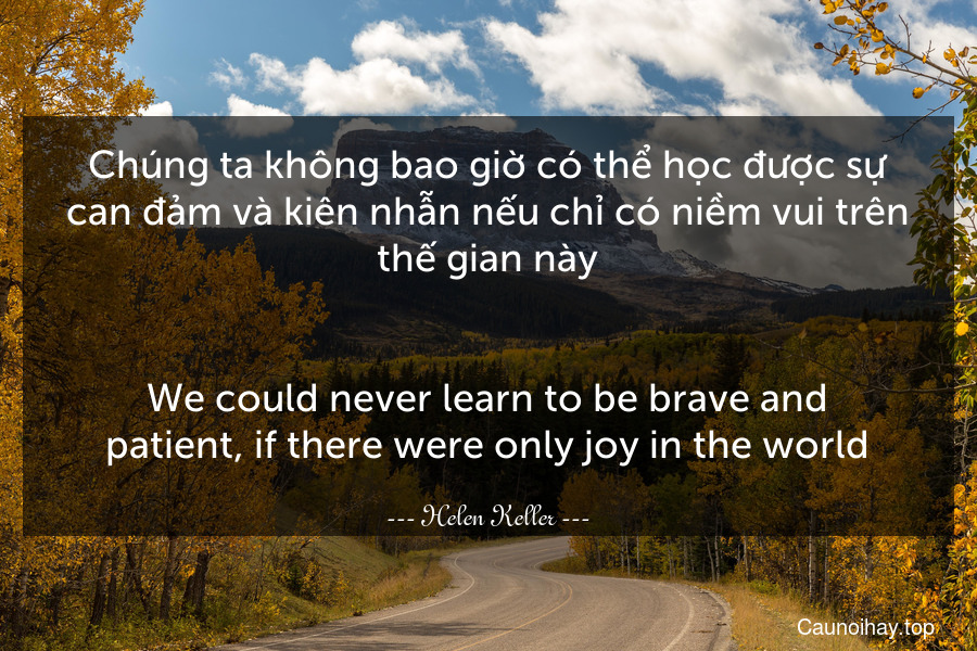 Chúng ta không bao giờ có thể học được sự can đảm và kiên nhẫn nếu chỉ có niềm vui trên thế gian này.
-
We could never learn to be brave and patient, if there were only joy in the world.