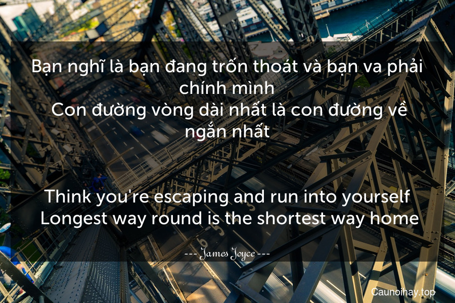 Bạn nghĩ là bạn đang trốn thoát và bạn va phải chính mình. Con đường vòng dài nhất là con đường về ngắn nhất.
-
Think you're escaping and run into yourself. Longest way round is the shortest way home.