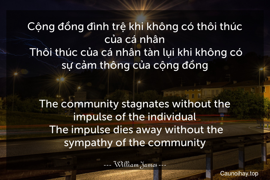 Cộng đồng đình trệ khi không có thôi thúc của cá nhân. Thôi thúc của cá nhân tàn lụi khi không có sự cảm thông của cộng đồng.
-
The community stagnates without the impulse of the individual. The impulse dies away without the sympathy of the community.