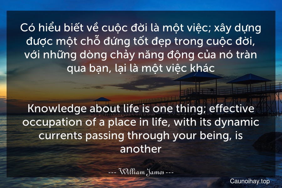 Có hiểu biết về cuộc đời là một việc; xây dựng được một chỗ đứng tốt đẹp trong cuộc đời, với những dòng chảy năng động của nó tràn qua bạn, lại là một việc khác.
-
Knowledge about life is one thing; effective occupation of a place in life, with its dynamic currents passing through your being, is another.