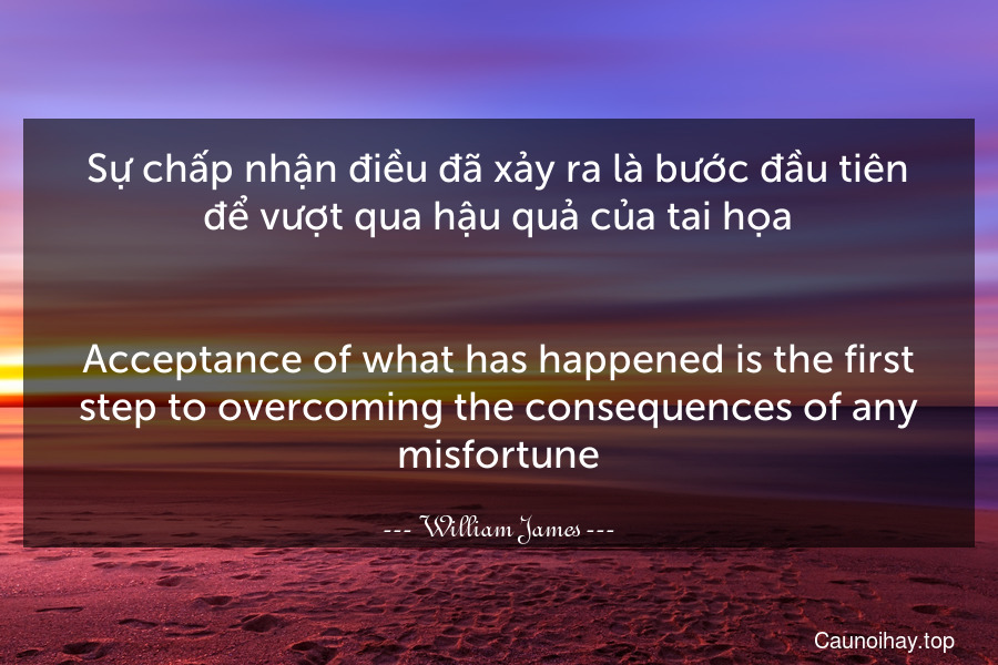 Sự chấp nhận điều đã xảy ra là bước đầu tiên để vượt qua hậu quả của tai họa.
-
Acceptance of what has happened is the first step to overcoming the consequences of any misfortune.
