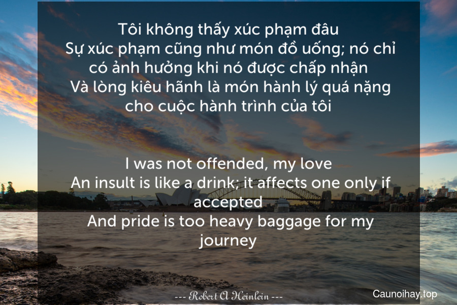 Tôi không thấy xúc phạm đâu. Sự xúc phạm cũng như món đồ uống; nó chỉ có ảnh hưởng khi nó được chấp nhận. Và lòng kiêu hãnh là món hành lý quá nặng cho cuộc hành trình của tôi.
-
I was not offended, my love. An insult is like a drink; it affects one only if accepted. And pride is too heavy baggage for my journey...