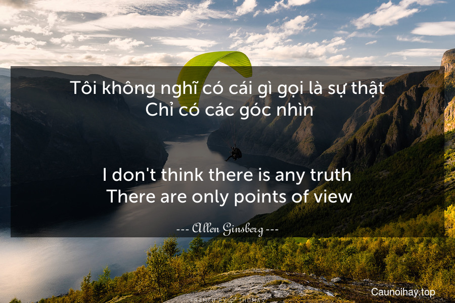 Tôi không nghĩ có cái gì gọi là sự thật. Chỉ có các góc nhìn.
-
I don't think there is any truth. There are only points of view.