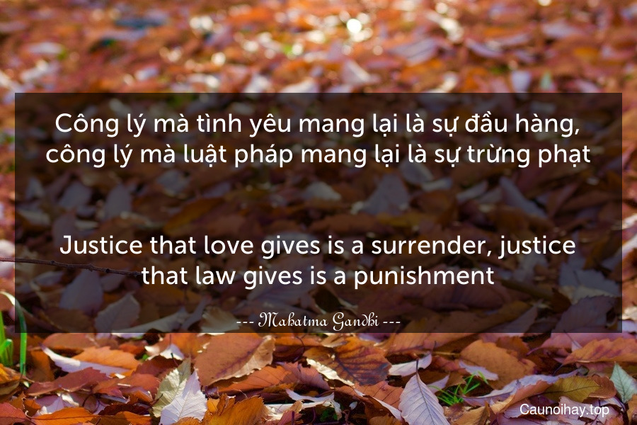 Công lý mà tình yêu mang lại là sự đầu hàng, công lý mà luật pháp mang lại là sự trừng phạt.
-
Justice that love gives is a surrender, justice that law gives is a punishment.