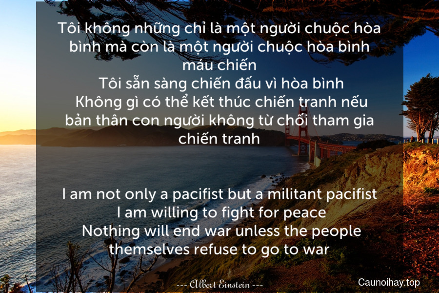 Tôi không những chỉ là một người chuộc hòa bình mà còn là một người chuộc hòa bình máu chiến. Tôi sẵn sàng chiến đấu vì hòa bình. Không gì có thể kết thúc chiến tranh nếu bản thân con người không từ chối tham gia chiến tranh.
-
I am not only a pacifist but a militant pacifist. I am willing to fight for peace. Nothing will end war unless the people themselves refuse to go to war.