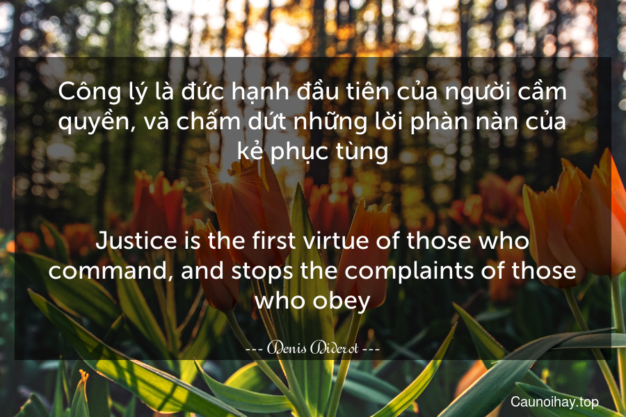 Công lý là đức hạnh đầu tiên của người cầm quyền, và chấm dứt những lời phàn nàn của kẻ phục tùng.
-
Justice is the first virtue of those who command, and stops the complaints of those who obey.