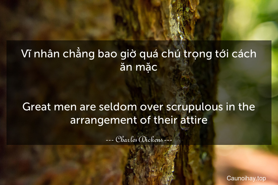 Vĩ nhân chẳng bao giờ quá chú trọng tới cách ăn mặc.
-
Great men are seldom over-scrupulous in the arrangement of their attire.