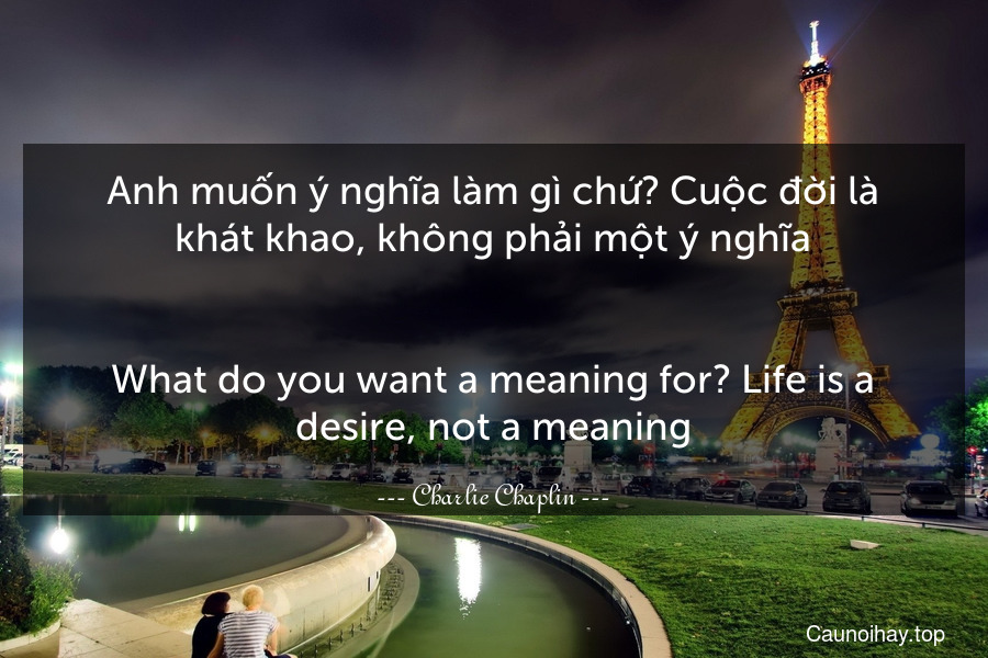 Anh muốn ý nghĩa làm gì chứ? Cuộc đời là khát khao, không phải một ý nghĩa.
-
What do you want a meaning for? Life is a desire, not a meaning.