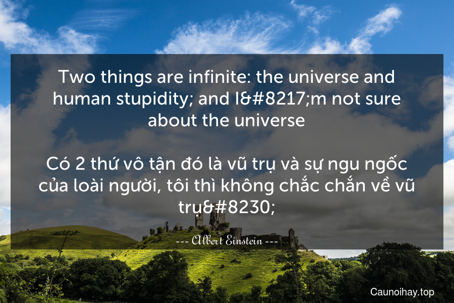 Two things are infinite: the universe and human stupidity; and I’m not sure about the universe.

Có 2 thứ vô tận đó là vũ trụ và sự ngu ngốc của loài người, tôi thì không chắc chắn về vũ trụ…