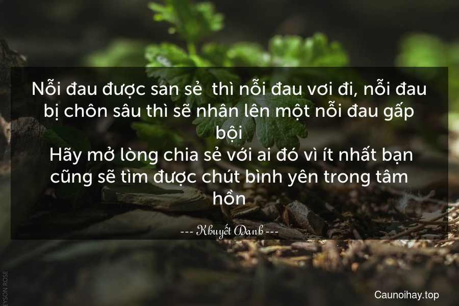 Nỗi đau được san sẻ  thì nỗi đau vơi đi, nỗi đau bị chôn sâu thì sẽ nhân lên một nỗi đau gấp bội. Hãy mở lòng chia sẻ với ai đó vì ít nhất bạn cũng sẽ tìm được chút bình yên trong tâm hồn.