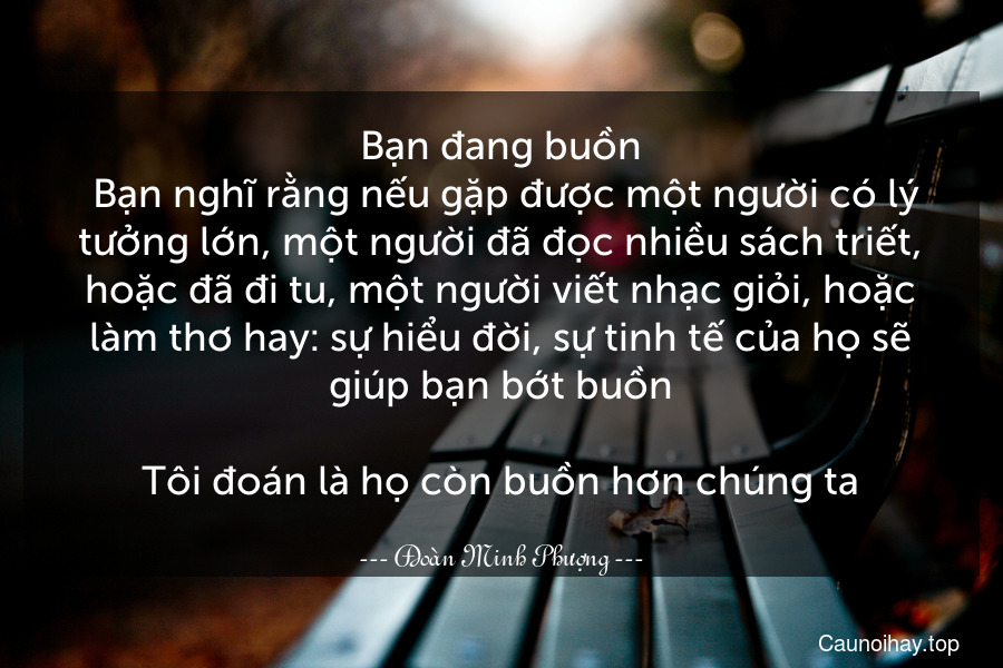 Bạn đang buồn. Bạn nghĩ rằng nếu gặp được một người có lý tưởng lớn, một người đã đọc nhiều sách triết, hoặc đã đi tu, một người viết nhạc giỏi, hoặc làm thơ hay: sự hiểu đời, sự tinh tế của họ sẽ giúp bạn bớt buồn.

Tôi đoán là họ còn buồn hơn chúng ta.