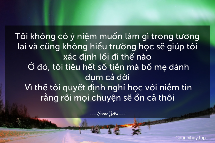 Tôi không có ý niệm muốn làm gì trong tương lai và cũng không hiểu trường học sẽ giúp tôi xác định lối đi thế nào. Ở đó, tôi tiêu hết số tiền mà bố mẹ dành dụm cả đời. Vì thế tôi quyết định nghỉ học với niềm tin rằng rồi mọi chuyện sẽ ổn cả thôi