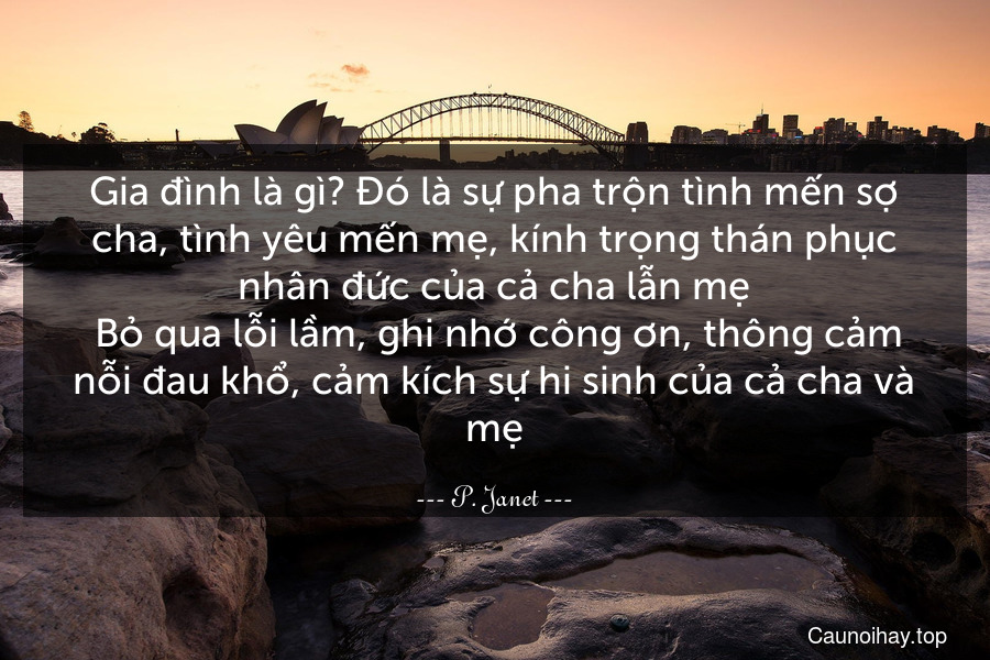 Gia đình là gì? Đó là sự pha trộn tình mến sợ cha, tình yêu mến mẹ, kính trọng thán phục nhân đức của cả cha lẫn mẹ. Bỏ qua lỗi lầm, ghi nhớ công ơn, thông cảm nỗi đau khổ, cảm kích sự hi sinh của cả cha và mẹ.