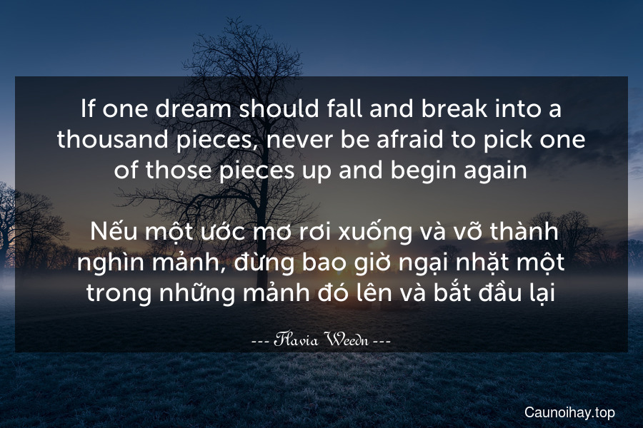 If one dream should fall and break into a thousand pieces, never be afraid to pick one of those pieces up and begin again.
 Nếu một ước mơ rơi xuống và vỡ thành nghìn mảnh, đừng bao giờ ngại nhặt một trong những mảnh đó lên và bắt đầu lại.