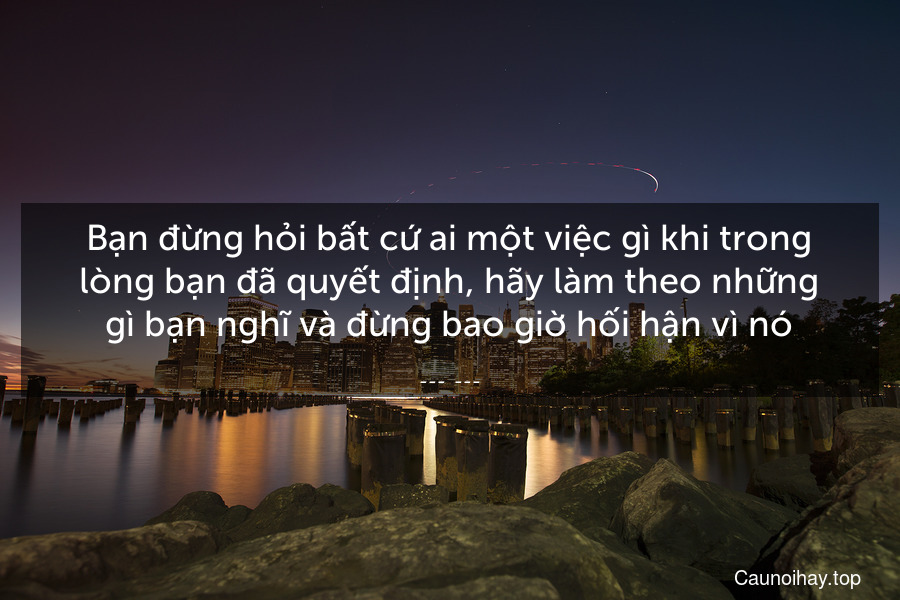 Bạn đừng hỏi bất cứ ai một việc gì khi trong lòng bạn đã quyết định, hãy làm theo những gì bạn nghĩ và đừng bao giờ hối hận vì nó.