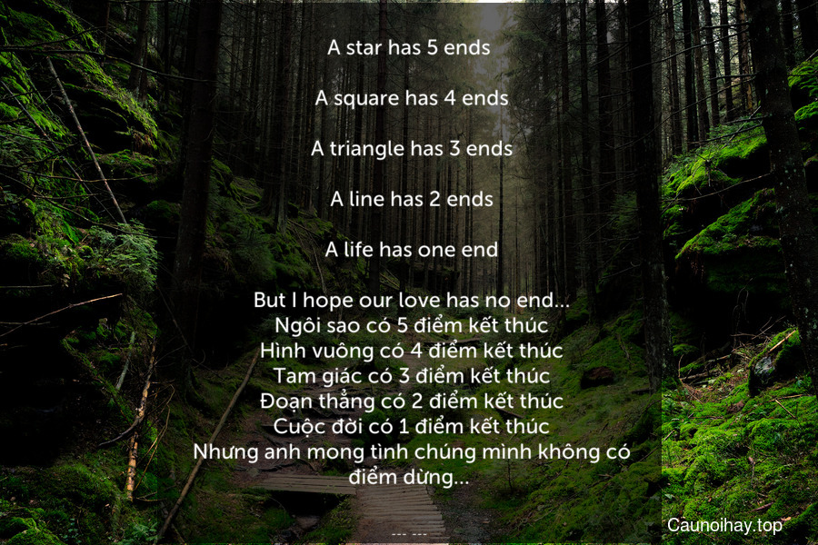 A star has 5 ends.
 A square has 4 ends.
 A triangle has 3 ends.
 A line has 2 ends.
 A life has one end.
 But I hope our love has no end…
 Ngôi sao có 5 điểm kết thúc. Hình vuông có 4 điểm kết thúc. Tam giác có 3 điểm kết thúc. Đoạn thẳng có 2 điểm kết thúc. Cuộc đời có 1 điểm kết thúc. Nhưng anh mong tình chúng mình không có điểm dừng…