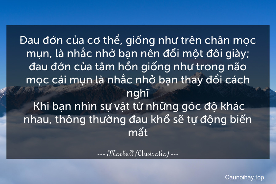 Đau đớn của cơ thể, giống như trên chân mọc mụn, là nhắc nhở bạn nên đổi một đôi giày; đau đớn của tâm hồn giống như trong não mọc cái mụn là nhắc nhở bạn thay đổi cách nghĩ. Khi bạn nhìn sự vật từ những góc độ khác nhau, thông thường đau khổ sẽ tự động biến mất.