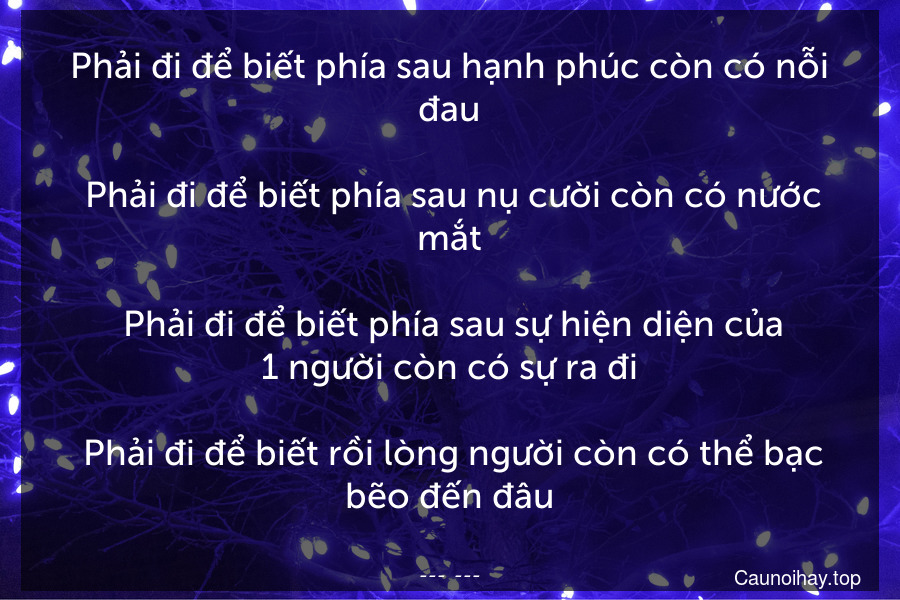 Phải đi để biết phía sau hạnh phúc còn có nỗi đau.
 Phải đi để biết phía sau nụ cười còn có nước mắt.
 Phải đi để biết phía sau sự hiện diện của 1 người còn có sự ra đi.
 Phải đi để biết rồi lòng người còn có thể bạc bẽo đến đâu.