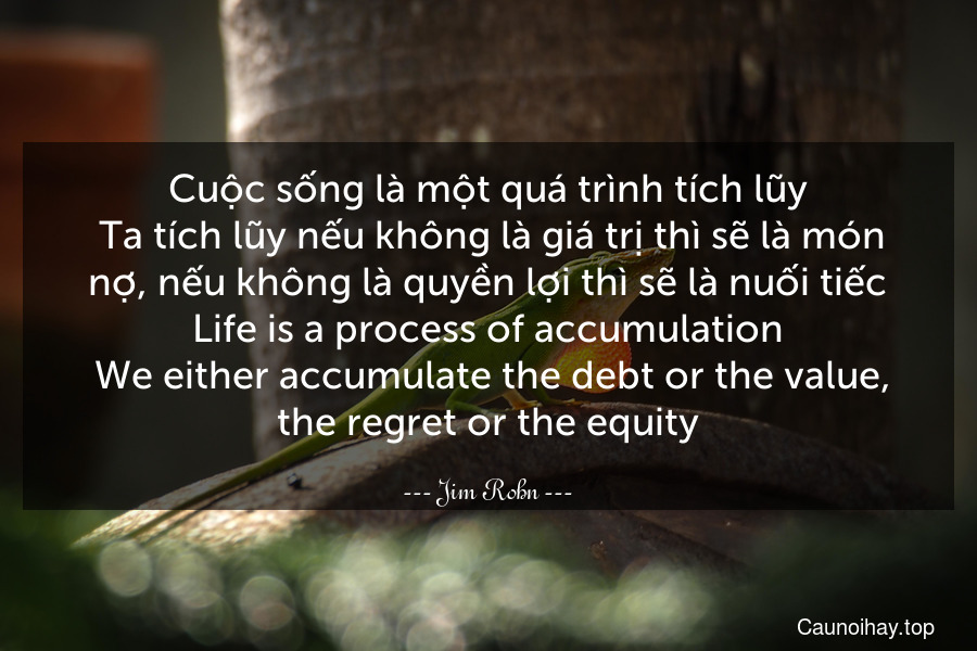 Cuộc sống là một quá trình tích lũy. Ta tích lũy nếu không là giá trị thì sẽ là món nợ, nếu không là quyền lợi thì sẽ là nuối tiếc.
Life is a process of accumulation. We either accumulate the debt or the value, the regret or the equity.