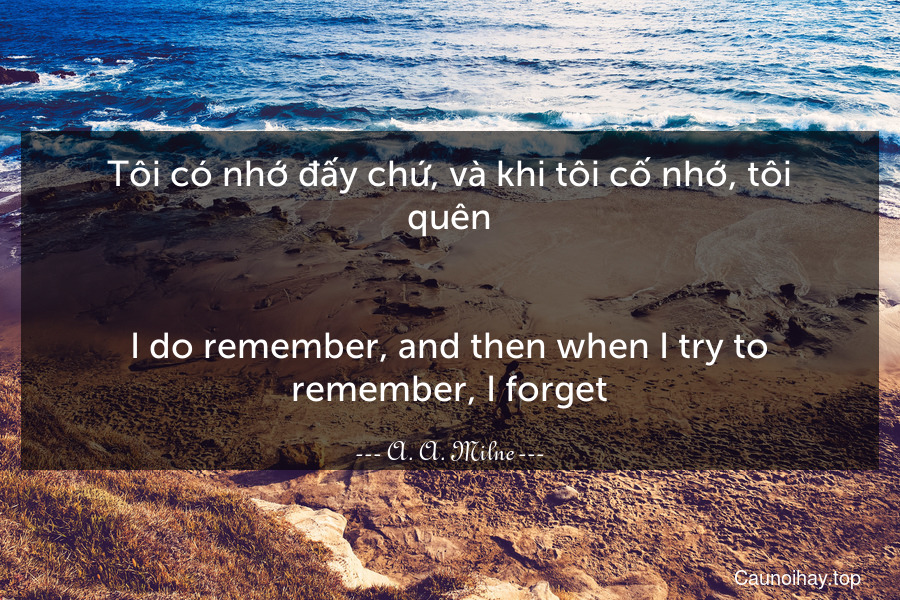 Tôi có nhớ đấy chứ, và khi tôi cố nhớ, tôi quên.
-
I do remember, and then when I try to remember, I forget.