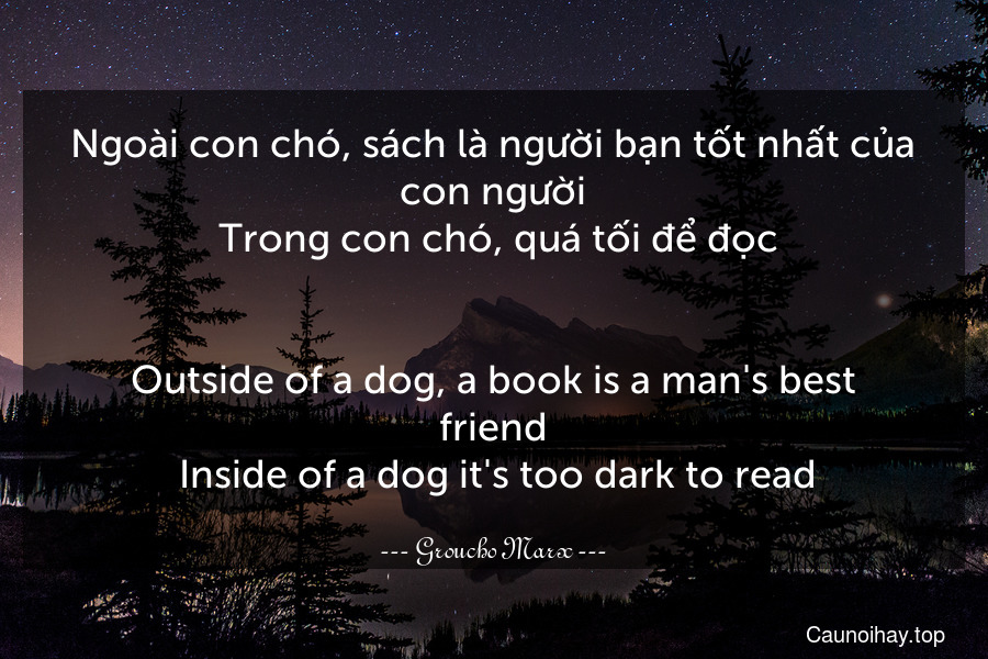 Ngoài con chó, sách là người bạn tốt nhất của con người. Trong con chó, quá tối để đọc.
-
Outside of a dog, a book is a man's best friend. Inside of a dog it's too dark to read.