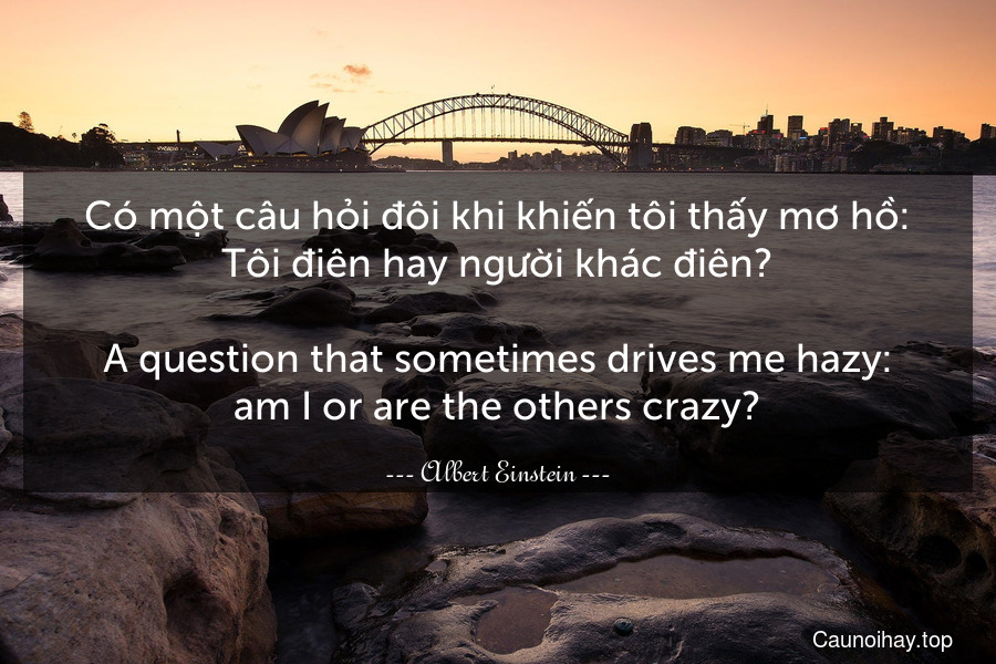 Có một câu hỏi đôi khi khiến tôi thấy mơ hồ: Tôi điên hay người khác điên?
-
A question that sometimes drives me hazy: am I or are the others crazy?