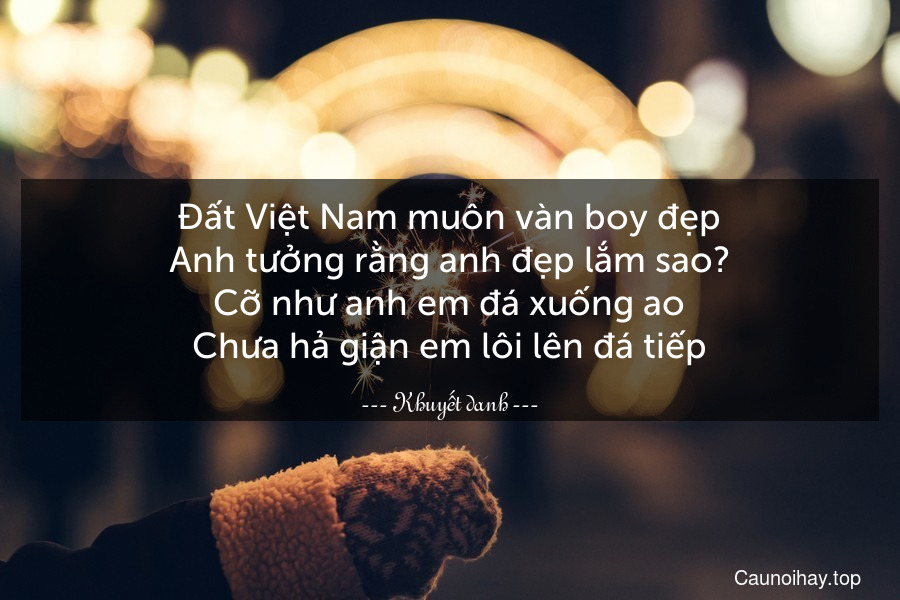 Đất Việt Nam muôn vàn boy đẹp

Anh tưởng rằng anh đẹp lắm sao?

Cỡ như anh em đá xuống ao

Chưa hả giận em lôi lên đá tiếp
