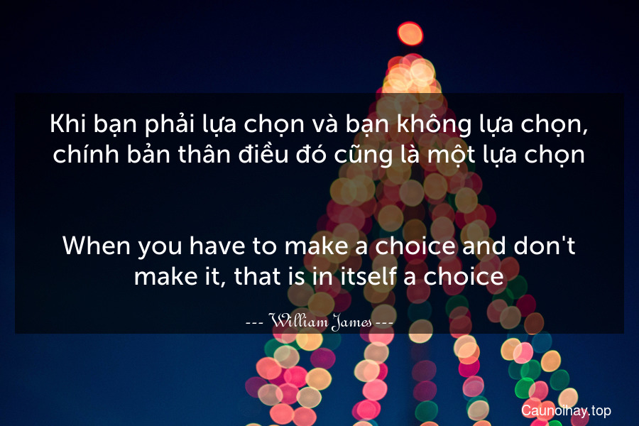 Khi bạn phải lựa chọn và bạn không lựa chọn, chính bản thân điều đó cũng là một lựa chọn.
-
When you have to make a choice and don't make it, that is in itself a choice.