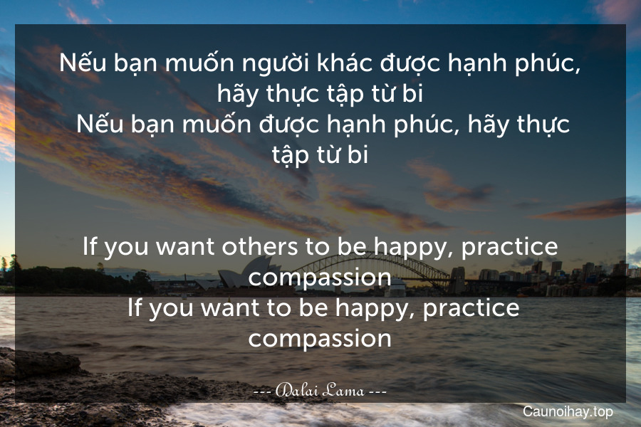 Nếu bạn muốn người khác được hạnh phúc, hãy thực tập từ bi. Nếu bạn muốn được hạnh phúc, hãy thực tập từ bi.
-
If you want others to be happy, practice compassion. If you want to be happy, practice compassion.