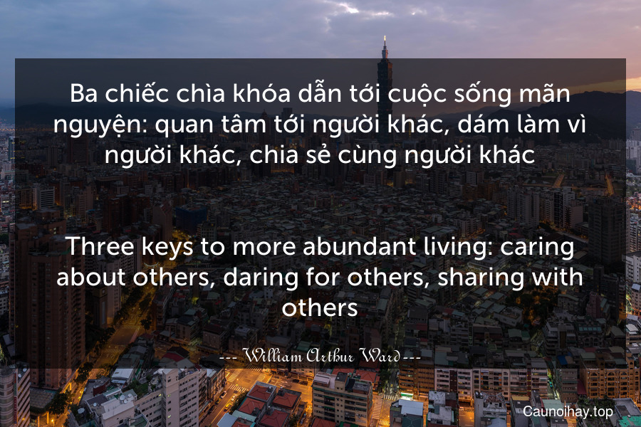 Ba chiếc chìa khóa dẫn tới cuộc sống mãn nguyện: quan tâm tới người khác, dám làm vì người khác, chia sẻ cùng người khác.
-
Three keys to more abundant living: caring about others, daring for others, sharing with others.
