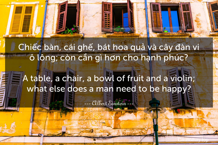 Chiếc bàn, cái ghế, bát hoa quả và cây đàn vi ô lông; còn cần gì hơn cho hạnh phúc?
-
A table, a chair, a bowl of fruit and a violin; what else does a man need to be happy?