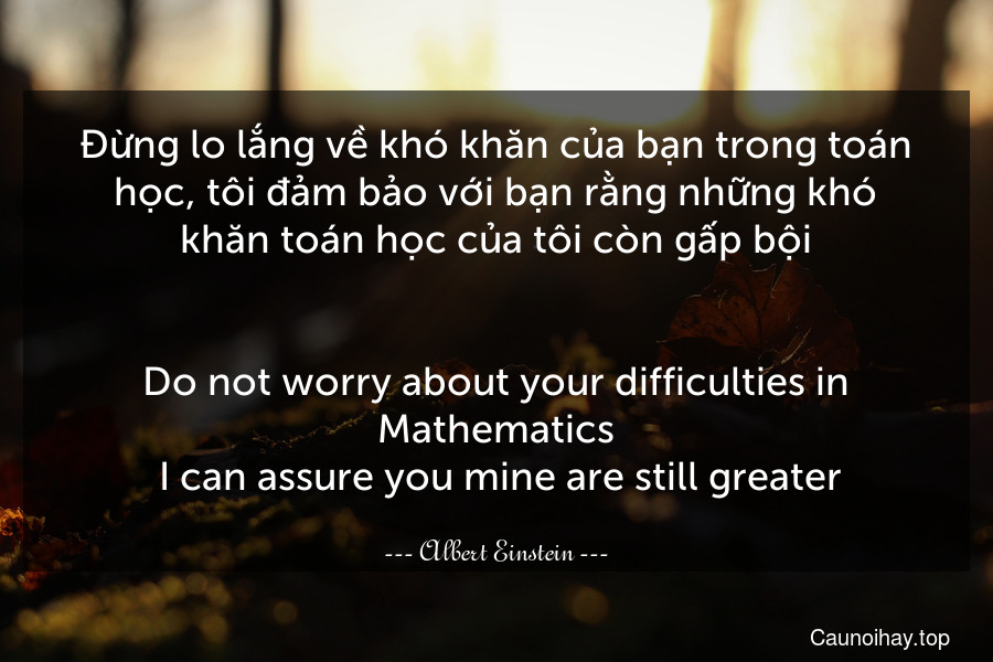 Đừng lo lắng về khó khăn của bạn trong toán học, tôi đảm bảo với bạn rằng những khó khăn toán học của tôi còn gấp bội.
-
Do not worry about your difficulties in Mathematics. I can assure you mine are still greater.
