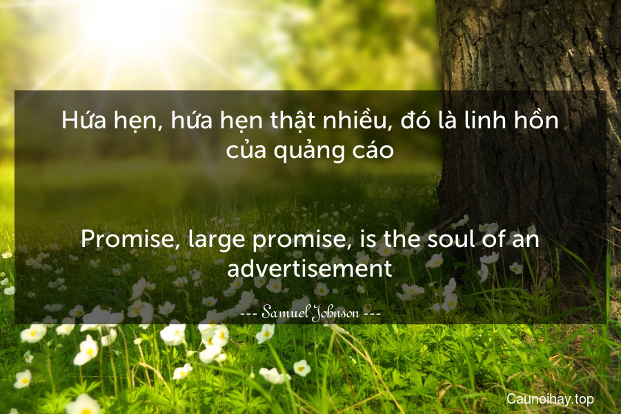Hứa hẹn, hứa hẹn thật nhiều, đó là linh hồn của quảng cáo.
-
Promise, large promise, is the soul of an advertisement.