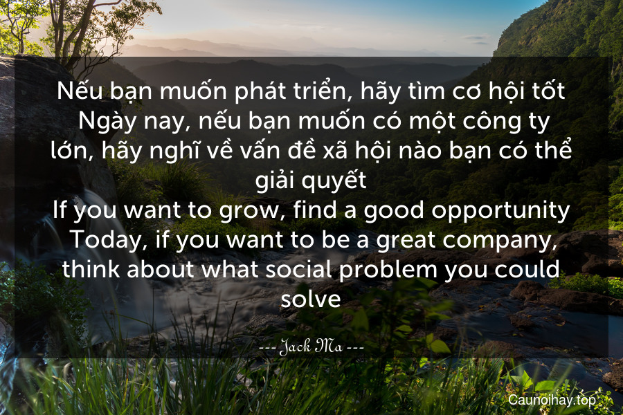 Nếu bạn muốn phát triển, hãy tìm cơ hội tốt. Ngày nay, nếu bạn muốn có một công ty lớn, hãy nghĩ về vấn đề xã hội nào bạn có thể giải quyết.
If you want to grow, find a good opportunity. Today, if you want to be a great company, think about what social problem you could solve.