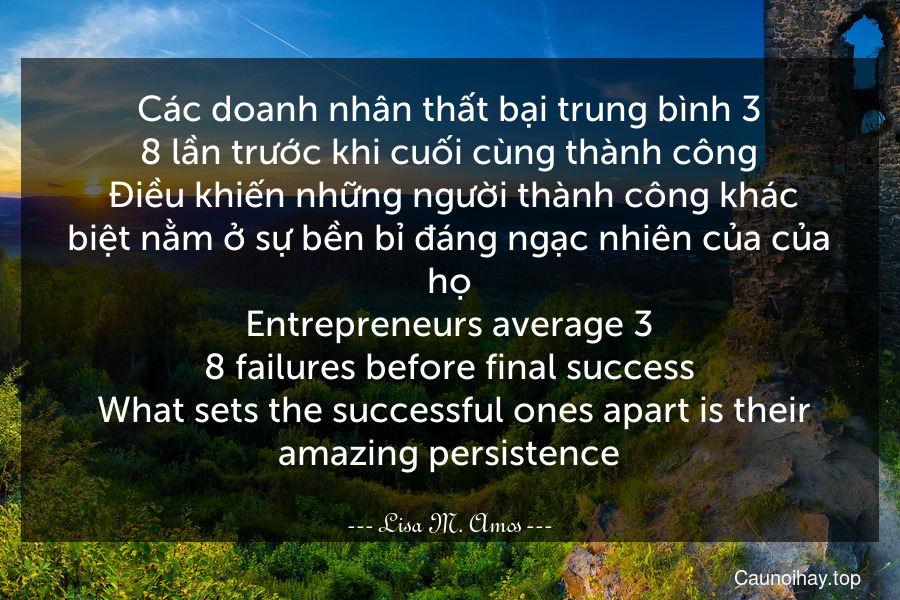 Các doanh nhân thất bại trung bình 3.8 lần trước khi cuối cùng thành công. Điều khiến những người thành công khác biệt nằm ở sự bền bỉ đáng ngạc nhiên của của họ.
Entrepreneurs average 3.8 failures before final success. What sets the successful ones apart is their amazing persistence.